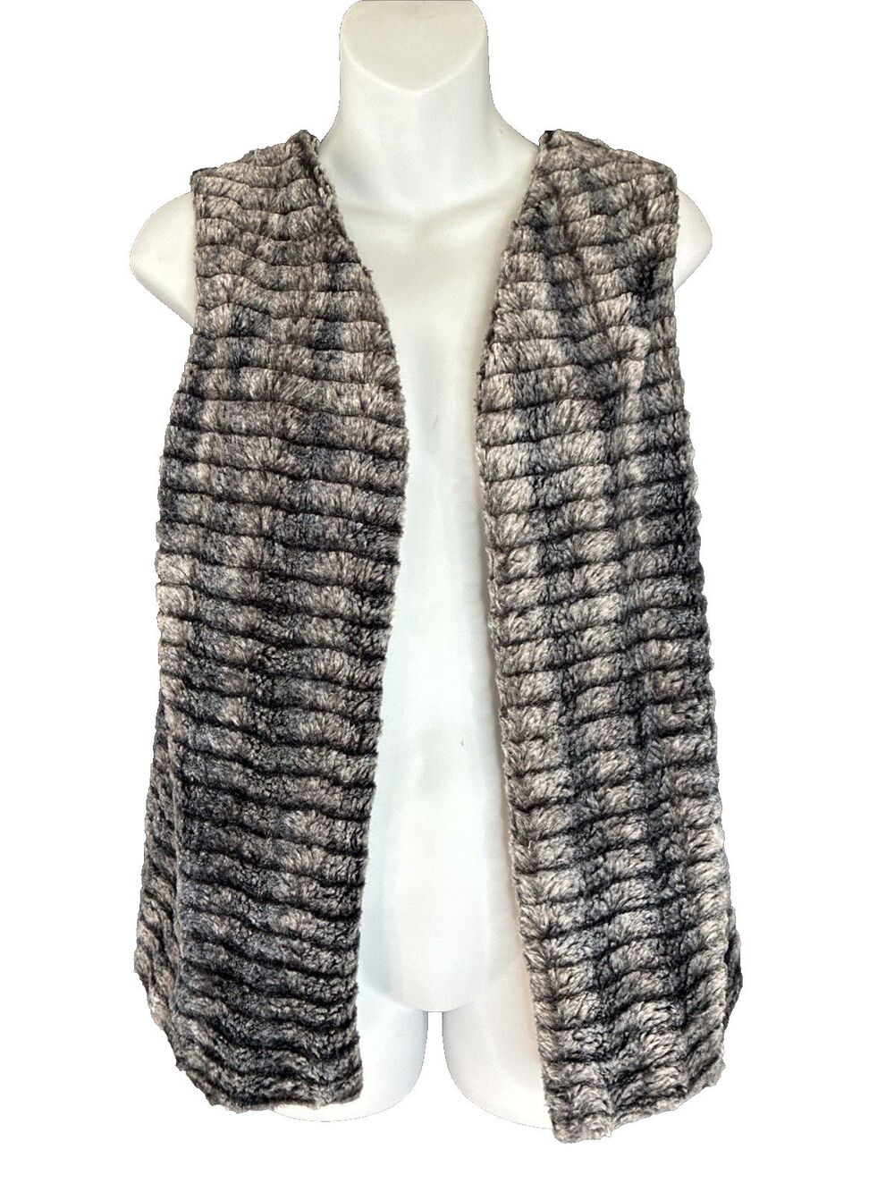 Weekend Love Faux Fur Vest Jacket Small Silver Gray Stripe Mob Wife Glam Boho